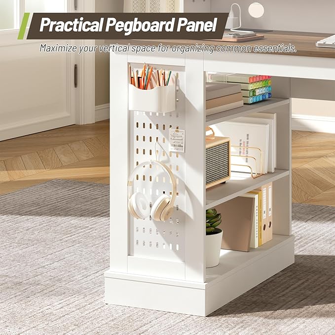 55inch Farmhouse Executive Desk with 2 Drawers and File Cabinet, Computer Desk with 3-Tier Storage Shelves, Home Office Desk with Charging Station, Pegboard and Monitor Shelf, White and Walnut