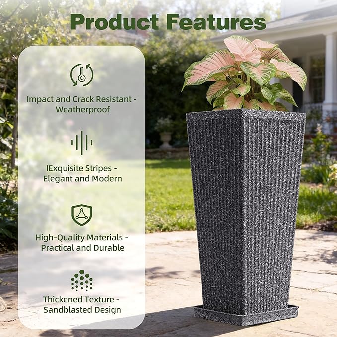 Square Tall Planters for Outdoor Plants Set of 2-23.6" Heavy-Duty Classic Tapered Indoor Flower Pots with Drainage Holes/Partition/Tray, Large Outdoor Planters for Porch Patio Garden, Grey
