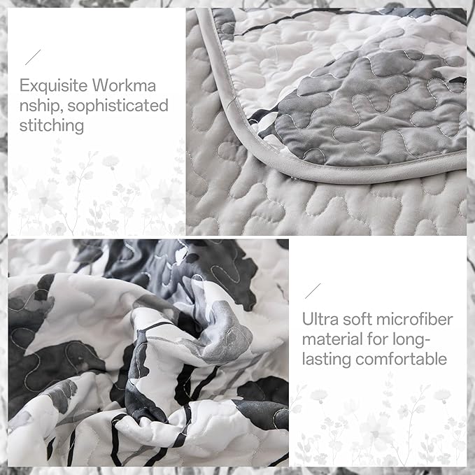 Anibedding Grey Quilt Set King, Floral Bedspread Soft Microfiber Lightweight King Size Quilt Bedding Sets Flower Coverlet for All Season(104"x90")