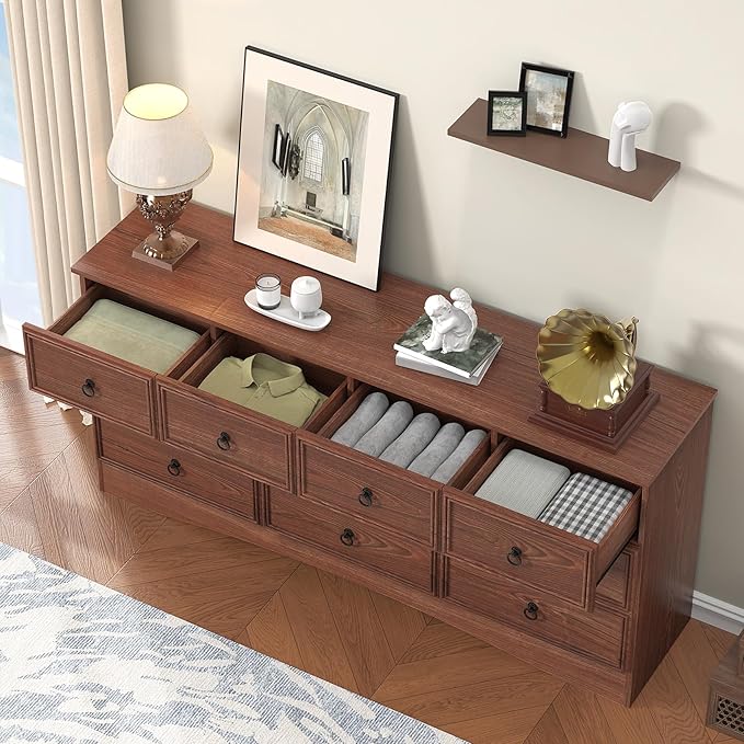 63”W Dressers for Bedroom, Long Dresser with 10 Deep Drawer, Dressers & Chests of Drawers for Clothes, Easy Pulls Handle, Textured Borders, for Living Room, Hallway,Cherry Wood