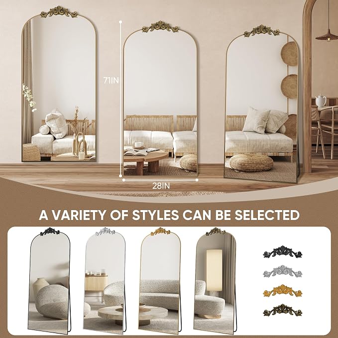 Antok Arched Full Length Mirror, 71"x28" Floor Mirror with Carved Frame, Standing/Wall Hanging Large Mirror for Bedroom, Living Room, Cloakroom, Bronze, Retro Style