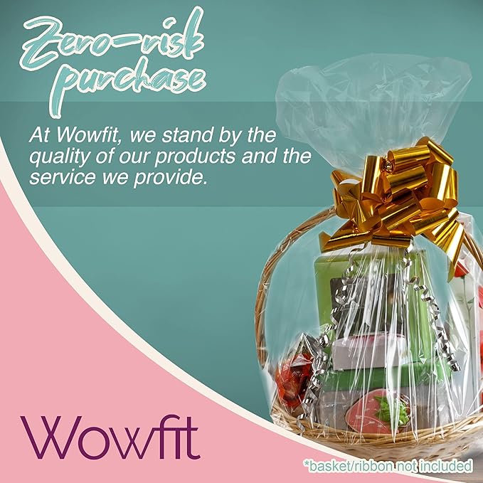 Wowfit 10 CT 16x24 Inch Clear Cellophane Gift Bags – Food-Safe Cello Bags for Small Gift Baskets, Wine Raffles, Bridal or Baby Showers, and More (No Gusset, Ribbon Not Included)