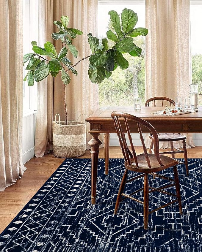 Wonnitar Moroccan 8x10 Rug Living Room Area Rugs, Washable Blue Bedroom Rug, Non-Slip Large Soft Non-Shedding Ultra-Thin Farmhouse Boho Throw Carpet for Dining Table Office Mudroom (Blue,8'x10')