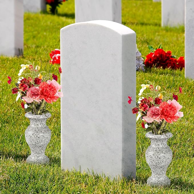 Cemetery Vase, Turned Granite Vase Polished, Memorial Stone Vases with Draining Holes for Home Tabletop, Cemetery Flowers, Grave Headstone Decorations (2Pcs, Grey)