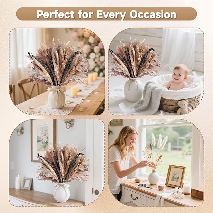 Pampas Grass Boho Home Decor 71PCS 17 inch Natural Dried Flowers for Vase Eucalyptus Stems Pompas Dried Flowers Bouquet DIY Arrangements Boho Wedding Bedroom Tables Decoration