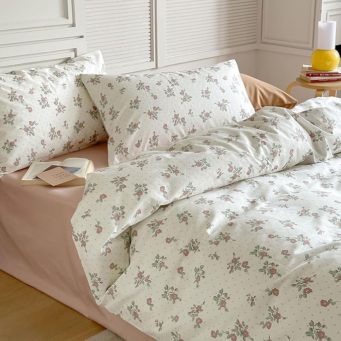 AOJIM Kids Adults Aesthetic Duvet Cover Set for Room Decor, Pure Cotton Comforter Cover Set 3pcs with Red Floral Pattern, 1 Super Soft Quilt Cover Queen Size and 2 Matching Pillowcases, No Comforter