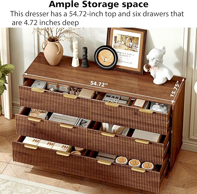 54.72" Modern Chest of Drawer, 6 Deep Drawers,Clothes Organizer,Large Storage Cabinet for Living Room, Bedroom,Dresser TV Stand, Wood Drawer Organizer for Living Room, Hallway, Sepia