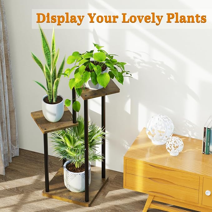 Oppro 3 Tier Corner Plant Stand Indoor, Metal Wood Flower Pot Holder Shelf, Multiple Display Rack Square Table for Living Room Bedroom Orchid Outdoor Balcony Garden Patio, Modern Black & Rustic Brown