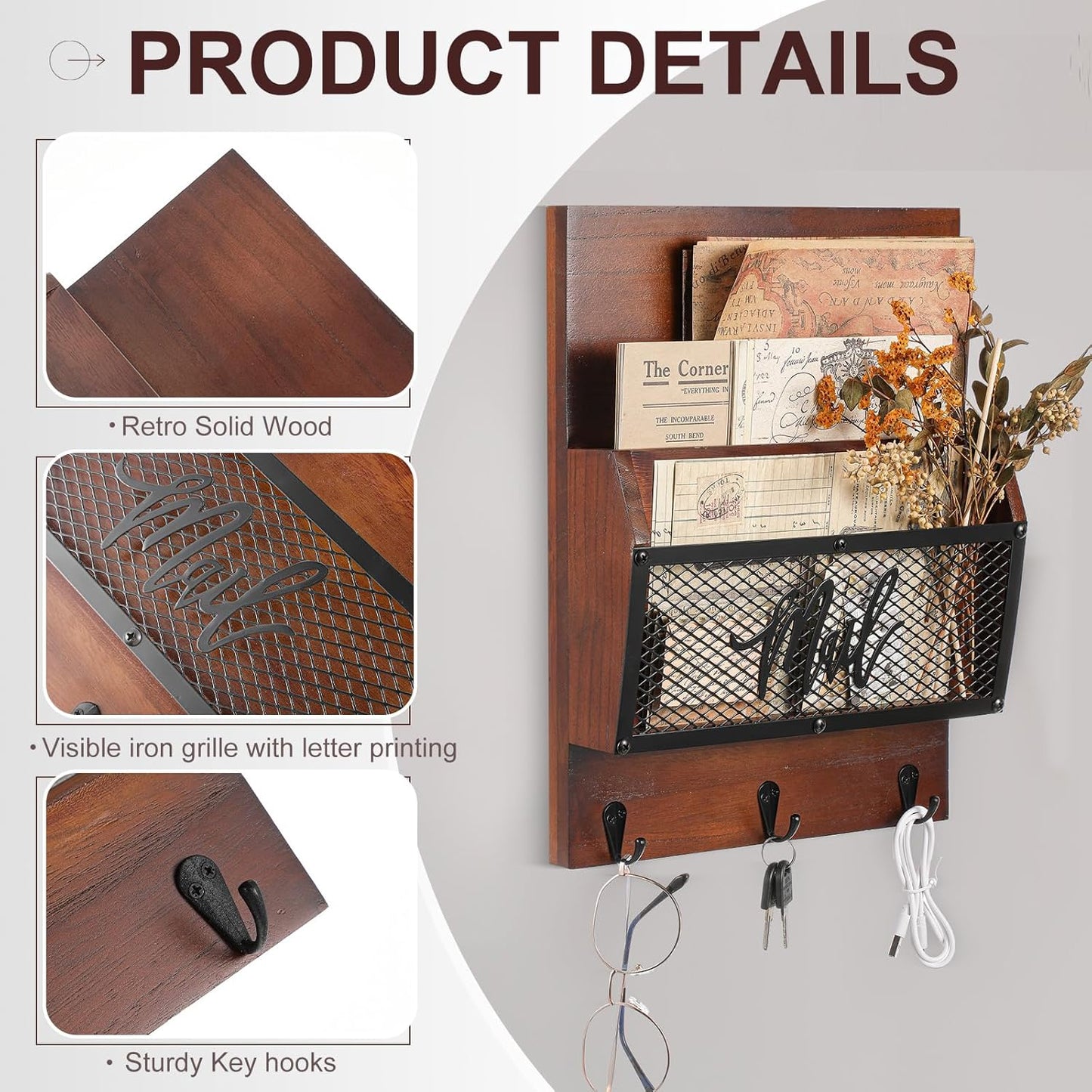 Yalikop Farmhouse Mail Organizer - Rustic Wall-Mounted Holder with 3 Hooks for Letters & Keys | Dark Brown