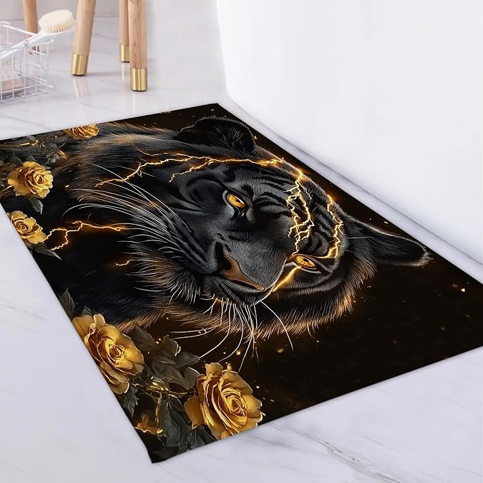 LB Black Gold Tiger Bath Mat for Bathroom- Aesthetic Gold Rose Floral Non Slip Doormat- Abstract Animal Absorbent Memory Foam Living Room Bedroom Door Front Floor Area Rugs,31.5x19.6 Inch