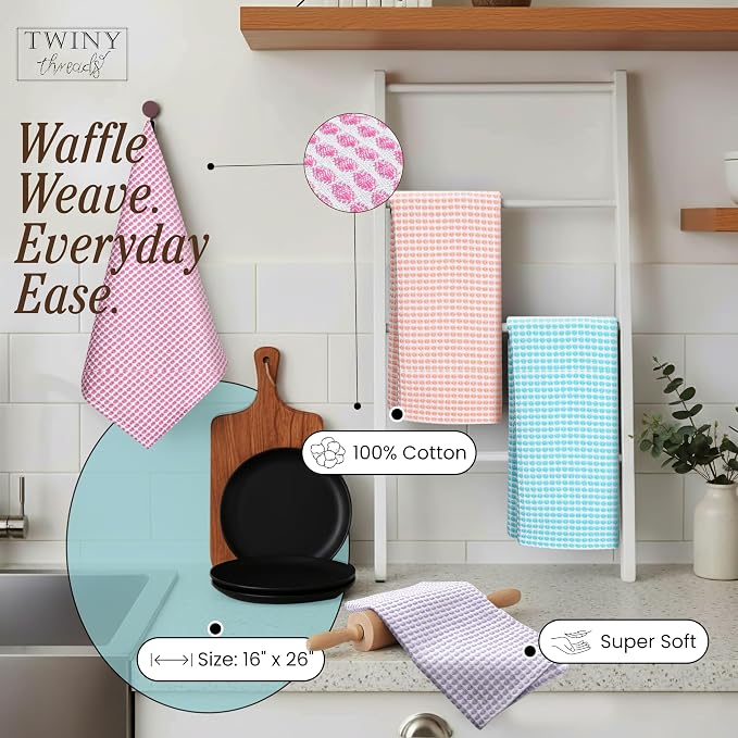 TWINY threads Circle Waffle Dish Towels 4 Pack, 16x26 Inches, 100% Cotton, Premium, Breathable, Quick Dry, Multi Purpose Kitchen Cloths, Suitable for Everyday Use, Housewarming Gifts, Assorted