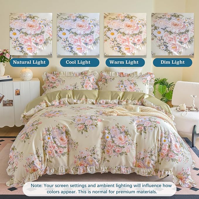 Ruffle Floral Duvet Cover Set 100% Cotton King Size, Shabby Blush Pink Cream Rose Comforter Cover, Satin Weave, Soft & Breathable, French Country Cottagecore Bedding 3Pcs-Not Comforter