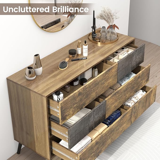 Hadulcet Fluted 6 Drawer Dresser for Bedroom, Modern Chest of Drawers with Push to Open Storage Organizer for Closet, 47” Handleless Wood Dresser TV Stand for Living Room, Entryway Nursery, Dark Wood