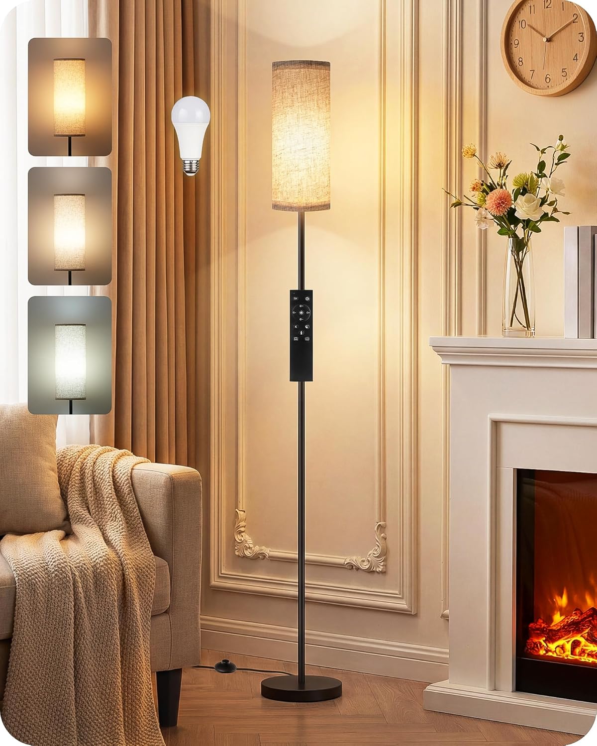 Skiennix Dimmable Floor Lamp - Modern 64.4” Standing Lamp with Remote & Foot Switch | Beige, 10W LED Bulb Included