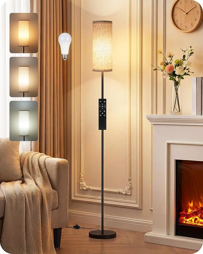 Set of 2 Slim Floor Lamps for Living Room with 2 Magnetic Remotes and Foot Switch, Dimmable Standing Lamp Mood for Bedroom Nursery, 3 Color Temperatures, 1-Hour Timer, 900LM Bulb Included, Beige Shade