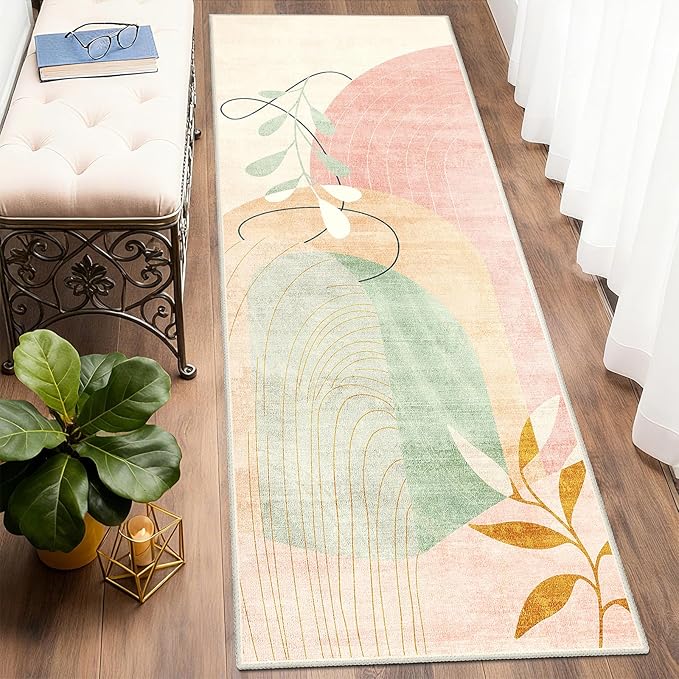 MUJOO Washable 2x6 Runner Rugs for Kitchen Hallway Bedside Bathroom Laundry Room Bedroom Floor,Boho Long Area Rug Non Slip Carpet Throw Rug Mid Century Modern Abstract Botanical Geometric Pink