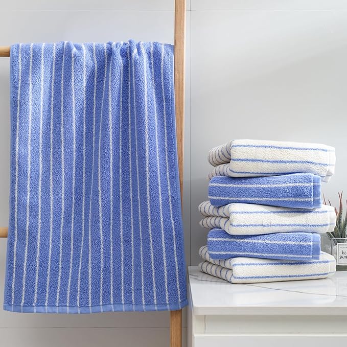 Blue Striped Hand Towels, Bathroom Hand Towel Set of 6, 13" By 29" - 100% Cotton | Quick Dry | Absorbent | Light Weight, Soft Face Towel for Showering & Guest, Luxury Towel Gift