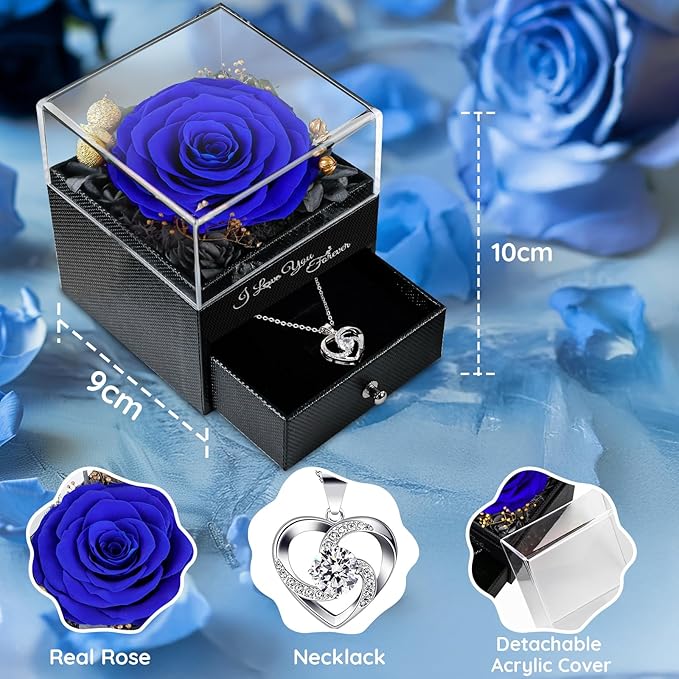 Preserved Blue Elegant Rose, 1 Count, 4.3" Square, Real Flower, Valentines Day Gifts for Her