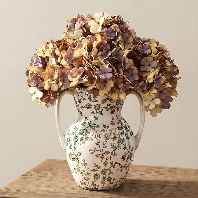 Green and Beige Farmhouse Vintage Vase with 2 Handles, Chinoiserie Floral Vase, Rustic Ceramic Vases for Home Decor, Wedding, Living Room, Table, Shelf Decor - 8.3 Inch Tall