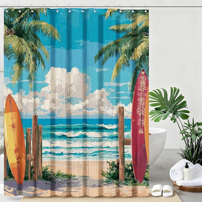 Coastal Surfboard Shower Curtain Tropical Palm Tree Shower Curtains for Bathroom Waterproof Fabric Bath Curtain Decor with Hooks