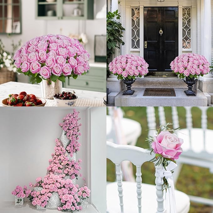 Uqueeten Fake Plants Roses Flowers Plastic Flowers Party Decoration for Home Gifts for Gf Roses Artificial Flowers for Vase Fake Plants Home Decor 19.6"(Deep Pink 50PCS)