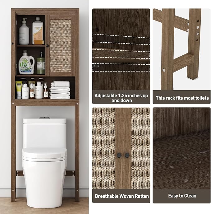 knoworld Rattan Over The Toilet Storage Cabinet, Above Toilet Bathroom Organizer with Adjustable Shelf, Behind Toilet Cabinet, Space Saver for Restroom, Bathroom, Laundry, Caramel Oak