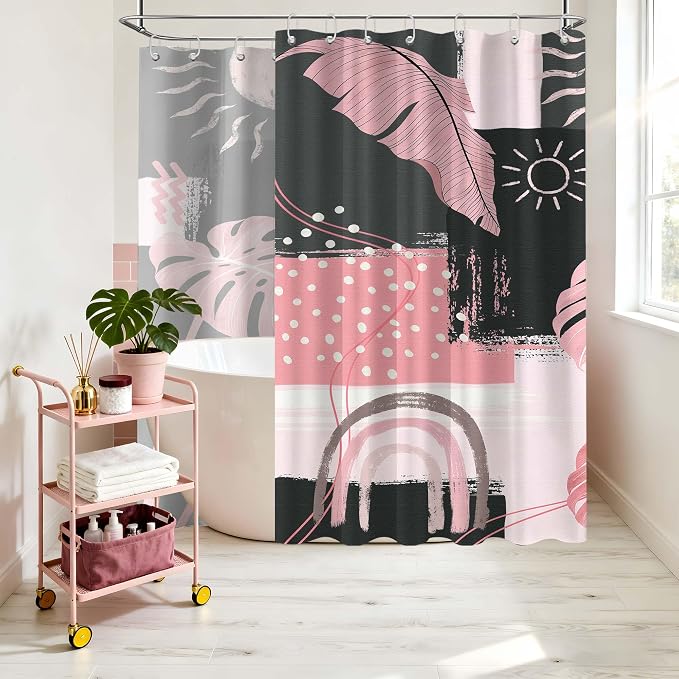 Extra Long Shower Curtain Extra Tall Pink and Gray XL Abstract Grey Bohemian Shower Curtains for Large Bathroom Decor Sets, Waterproof Cloth Fabric with Hooks, 108x72 Inch