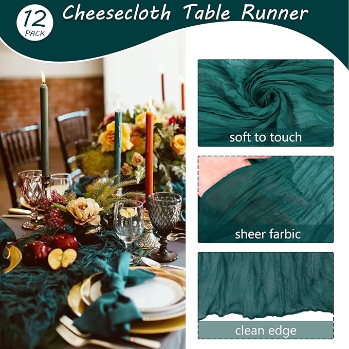 12 Pack 10Ft Cheesecloth Table Runner 35x120 Inch Boho Gauze Table Runner Rustic Cheese Cloth Long Romantic Table Runners for Wedding Bridal Shower Birthday Party Table Decor (Dark Teal)