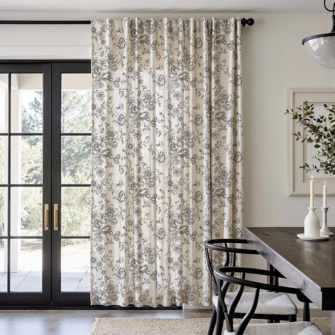 jinchan Linen Floral Curtains Extra Wide for Patio Sliding Glass Door Room Divider Curtain for Living Room 84 Inch Length Farmhouse Peony Black Printed Curtain Set 1 Panel