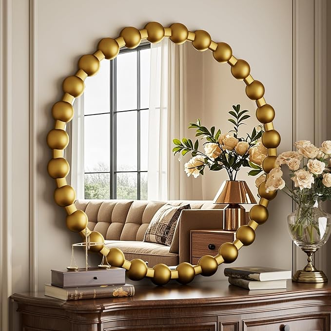 Easly Round Mirror for Wall, 24 Inch Gold Beaded Frame Decorative Vanity Mirror, Circle Bathroom Mirror with High-Definition Lense, Modern Wall Decor for Bathroom, Living Room, Bedroom, Entryway