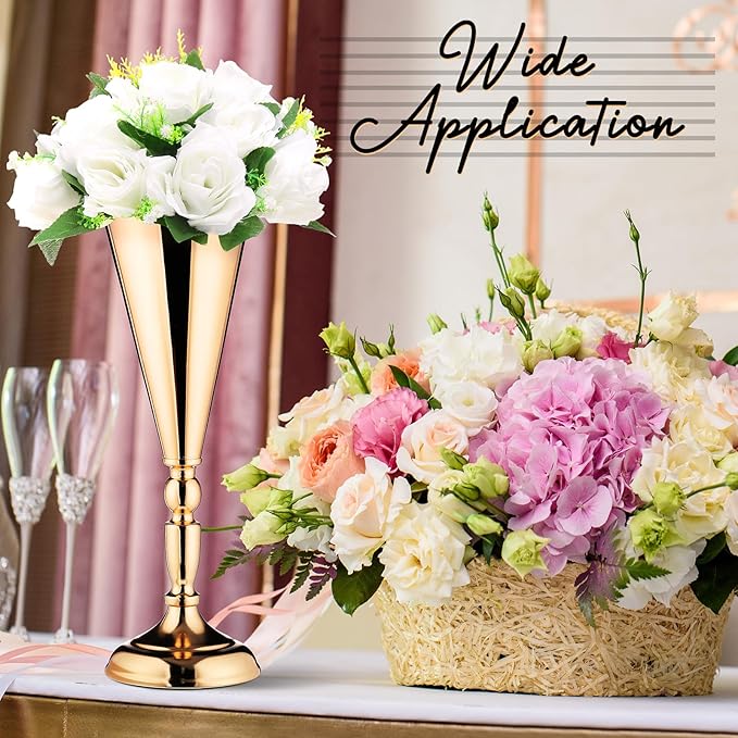 6 Pcs Flower Trumpet Gold Vase Tabletop Centerpiece Gold Tall Flower Vases Bulk Wedding Table Decorative Centerpiece Table Decorations Arrangements for Floral Party Anniversary Birthday(M)