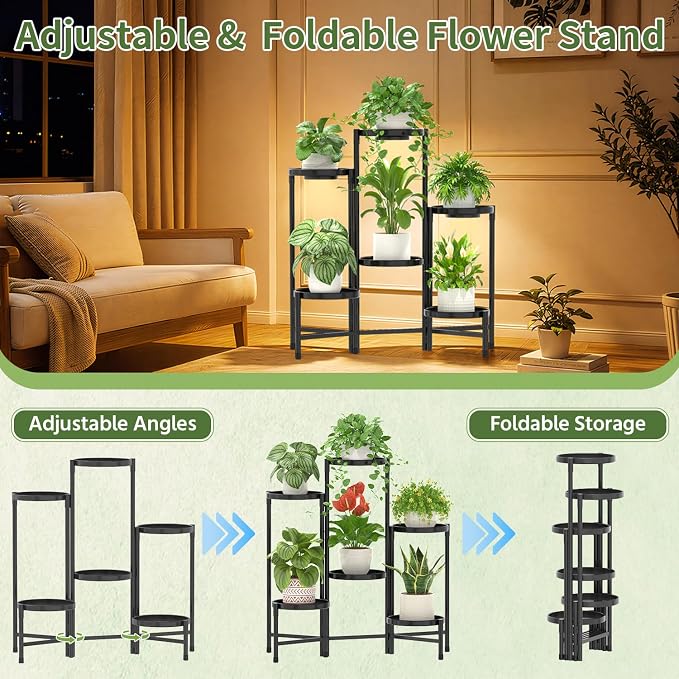 LASZOLA 6 Tier Large Plant Stand Indoor Tall with Grow Lights, Corner Folding Flower Display Rack with 10 Inch Metal Tray, Modern Plant Holder Shelf for Outdoor Patio Porch Garden Living Room, Black