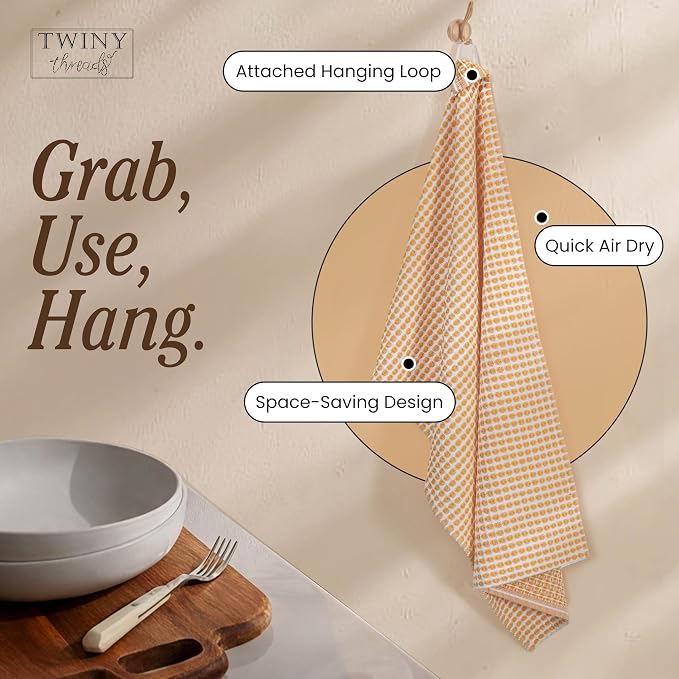TWINY threads Circle Waffle Tea Towels 4 Pack, 16x26 Inches, 100% Cotton, Heavy Duty, Quick Dry, Reusable Dish Cloths, Ideal for Baking, Cooking, Farmhouse Kitchen Decor, Mustard Yellow