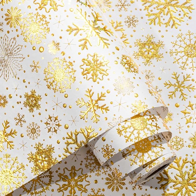 Flyhill Kraft Christmas White Wrapping Paper,Gold Luxury Snowflake Metallic Gold Embossed Foil Gift Wrap Roll Design for Holiday, Party,Celebration, New Year (17 Inch X 32.8 Feet)