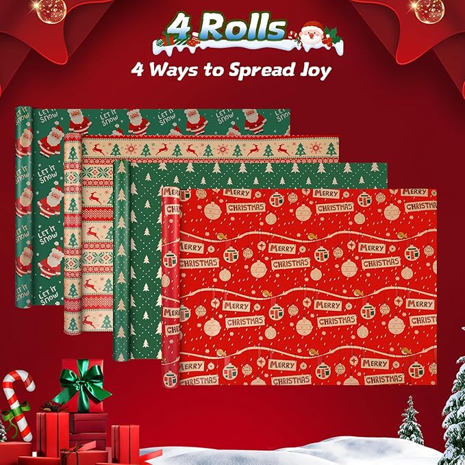 Panigkids Wrapping Paper Jumbo Rolls, Holiday Gift Kraft Wrap Paper for Kids Adults, 4 Rolls - 17 in. x 16 ft. Per Roll, Green Christmas Tree, Snowflakes, Santa, Merry Christmas.（With Jute Twine）
