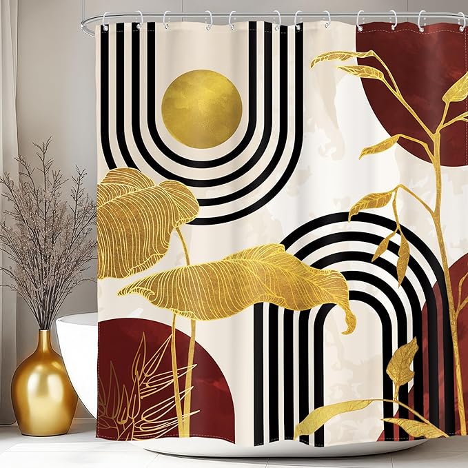 Glawry Red Abstract Mid Century Shower Curtain Boho Retro Tropical Palm Tree Plant Minimalist Sun Arch Bathroom Geometric Aesthetic 60Wx72L Inches Bath Accessories Art Home Decor Fabric 12 Pack Hook