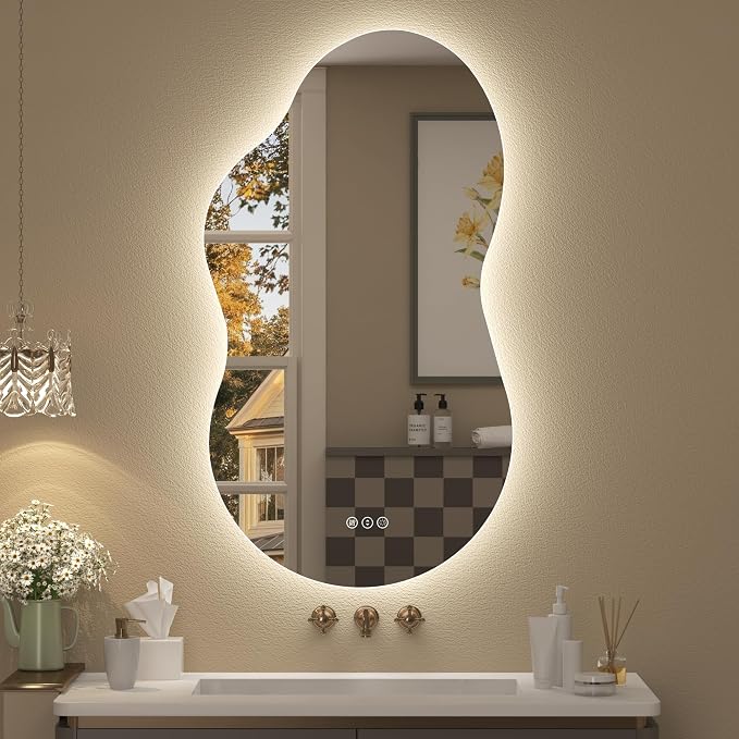 20x36 Inch Asymmetrical Backlit Bathroom Mirror with Lights, Irregular Cloud Led Lighted Vanity Mirror, Fogless, Dimmable, Memory, 3 Colors, Shatterproof (Horizontal/Vertical)