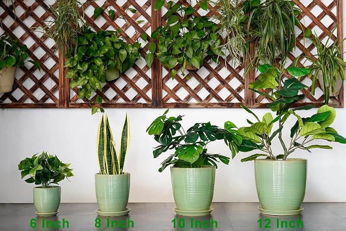 Ceramic Plant Pots - 6 Inch Ceramic Planter with Drainage Hole and Saucer, Modern Planters for Indoor Outdoor Plants, Round Flower Pots, Office House Decor, Gifts for Women Men, Bright Green
