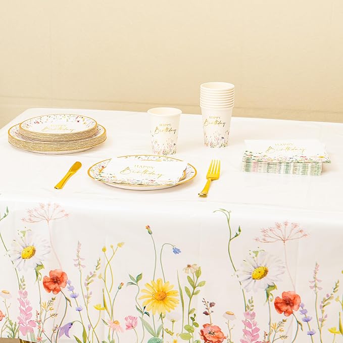 Crisky Wildflower Birthday Plates and Napkins set Women/Men Floral Disposable Tableware Set of 24 for Birthday Party Decorations (Plates, Napkin, Cups, Tablecloth, Knife & Fork)