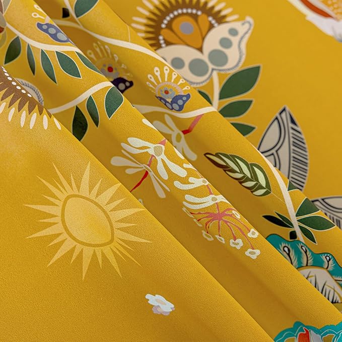 XiDi Mustard Yellow Patterned Blackout Curtains 84 Inches Long Vintage Floral Curtains for Bedroom Living Room 2 Panels Thermal Insulated Grommet Top Luxury Mid Century Colorful Drapes 52x84
