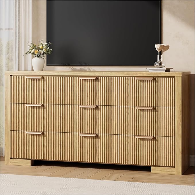Fluted Dresser for Bedroom, 9 Drawer Dresser with Gold Handle, 57" Wide Chest of Drawers, Modern Wood Dressers Organizer for Bedroom, Liveroom, Entryway, Natural Oak
