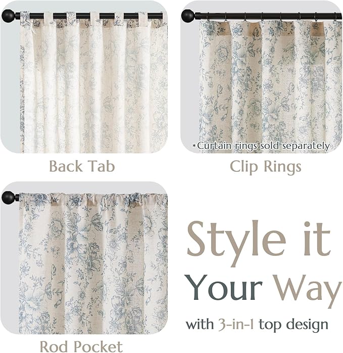 jinchan Linen Blend Curtain Floral Curtains for Living Room 96 Inch Length Blue Printed Curtain Back Tab Farmhouse Peony Flower Patterned Drapes Bedroom Window Curtains Set 2 Panels