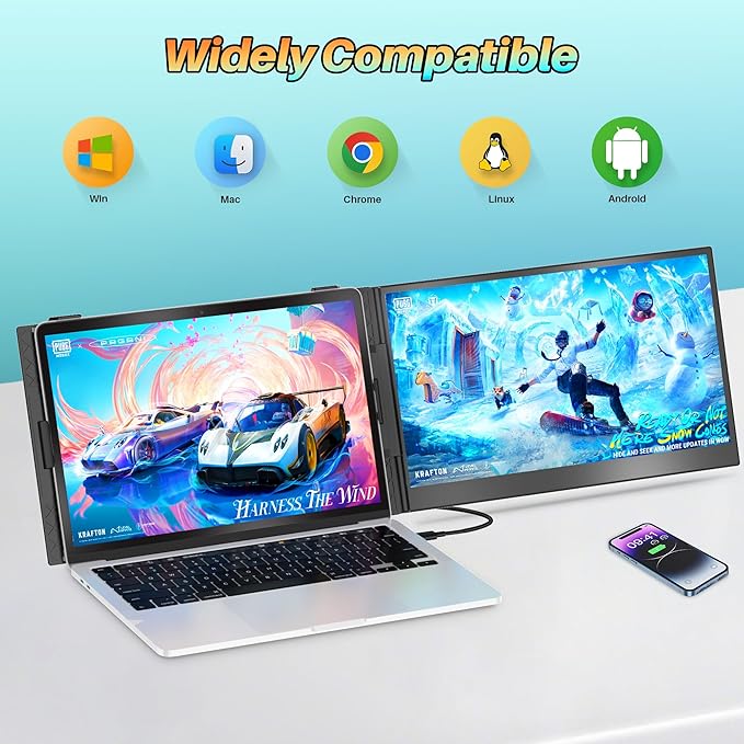 14" Laptop Screen Extender Ultra-Thin, Lightweight Portable Dual Laptop Monitor Extender with Speaker, FHD 1080P Travel Display, Plug & Play, HDMI/USB-A/Type-C for Laptops, Works with Win/Mac/Android