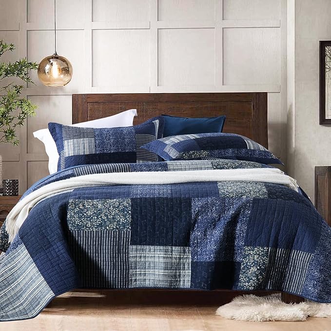Yvooxny Quilts Queen Size Reversible Lightweight Bedspread 3-Piece Quilt Set Plaid Floral Patchwork 100% Cotton Queen Quilt Set Bedding Set with Pillow Shams for All Seasons, Azure Blue, 90x98''