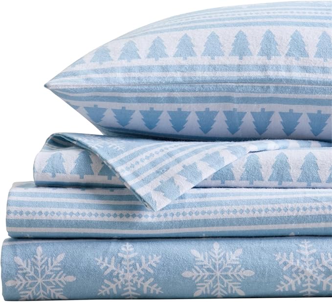 Market & Place 100% Cotton Twin Flannel Sheet Set | 3 Piece Deep Pocket Novelty Cozy Winter Bed Sheets | Double Brushed for Extra Softness & Comfort | Alpine Collection (Twin, Striped Snowflake)