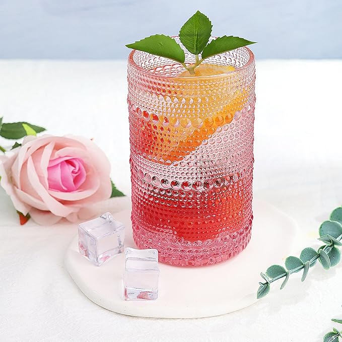 Hobnail-Drinking Glasses 13oz Vintage Glassware Sets Cocktail Juice Glasses Set of 6, Pink