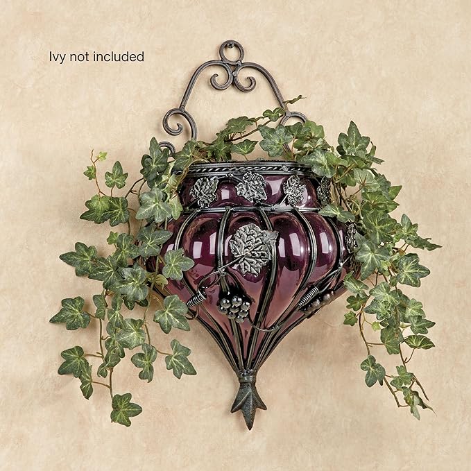 Touch of Class Grape Vase Wall Accent - Metal, Glass - Purple, Antique Bronze - Vineyard Grapevines and Leaves Decor for Bedroom, Living Room, Dining Room, Kitchen, Sunroom