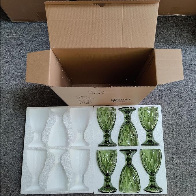 Taganov Green Drinking Glasses Wine Goblets set of 6 Colored Vintage Glassware 10 OZ for Wedding Party Bar New Year Christmas