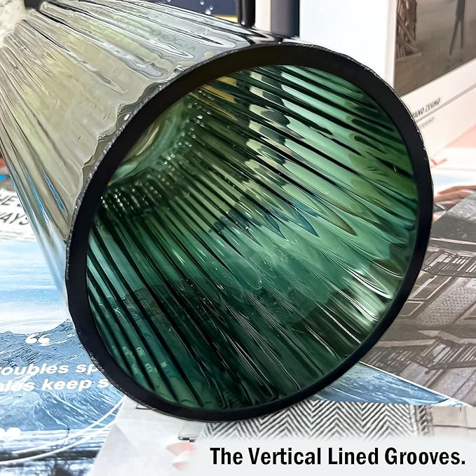 Muyan 9.8" Flower Vase for Decor Ribbed Glass Vase Modern for Centerpieces Desktop Home Office Dining Living Room Wedding (Green)