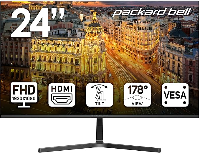 Packard Bell AirFrame 24 " FHD Monitor, 1920x1080, Ultrawide, VESA Mount Compatible, Tilt Adjustment, HDMI/VGA, Slim Bezel, for Home, Office, and Light Gaming